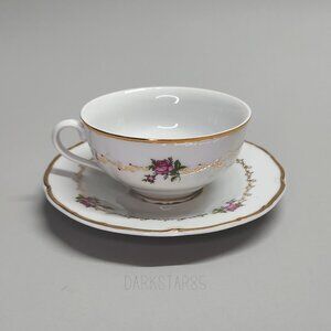 Vintage Haas-Czjzek Large Teacup & Saucer Pink Roses w/ Gold Trim Czechoslovakia